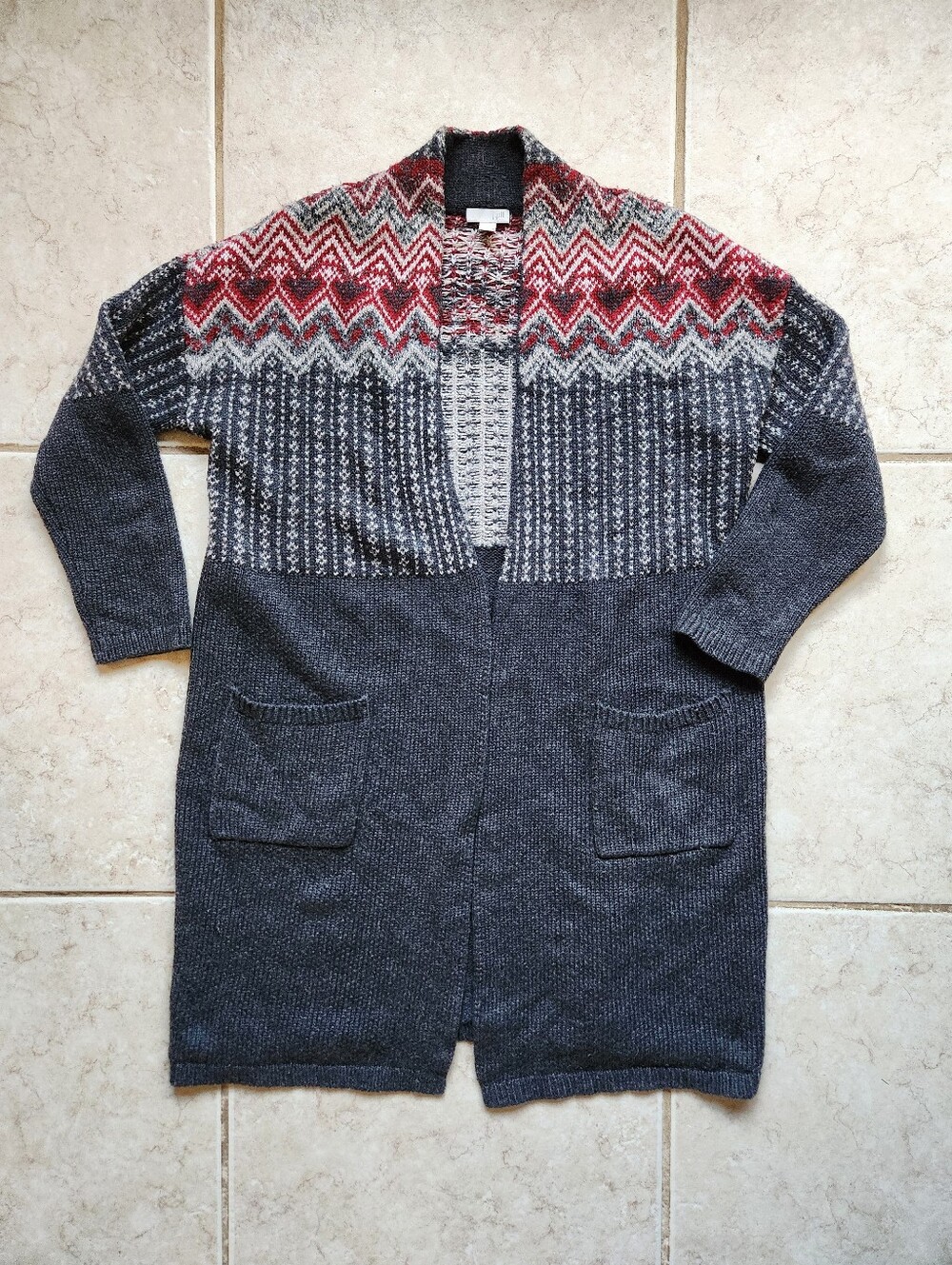J. Jill Women Medium Fair Isle Longline Open Front Cardigan Sweater Charcoal